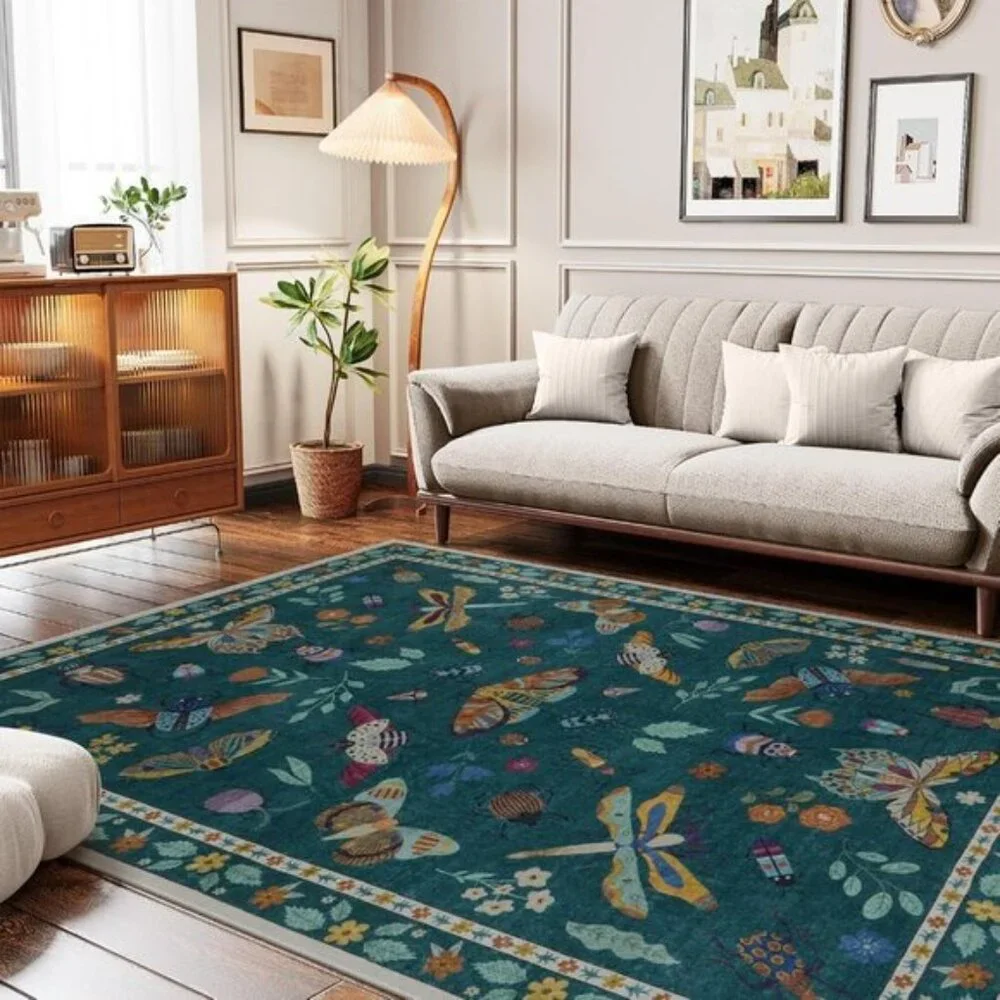 New 5x7 Dark Green Insect Print Rug, Washable Non-Slip Modern Carpet for Home